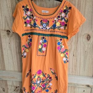 Vintage Orange Embroidered Puebla Mexican Dress Size Large Brand Is YZXDORWJ
